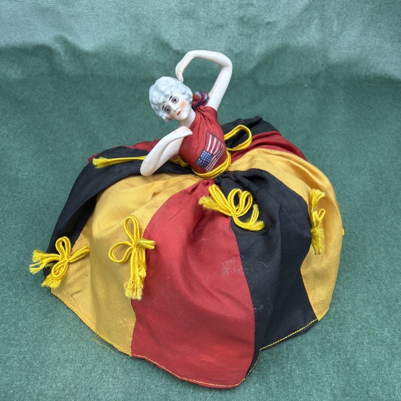 Wow! Ultra Rare American Flag German Half Doll Silk Pin Cushion Antique Unique