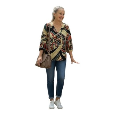 Beeson Rives Abstract Print V-Neck Bubble Sleeve Top Multicolor Statement Blouse