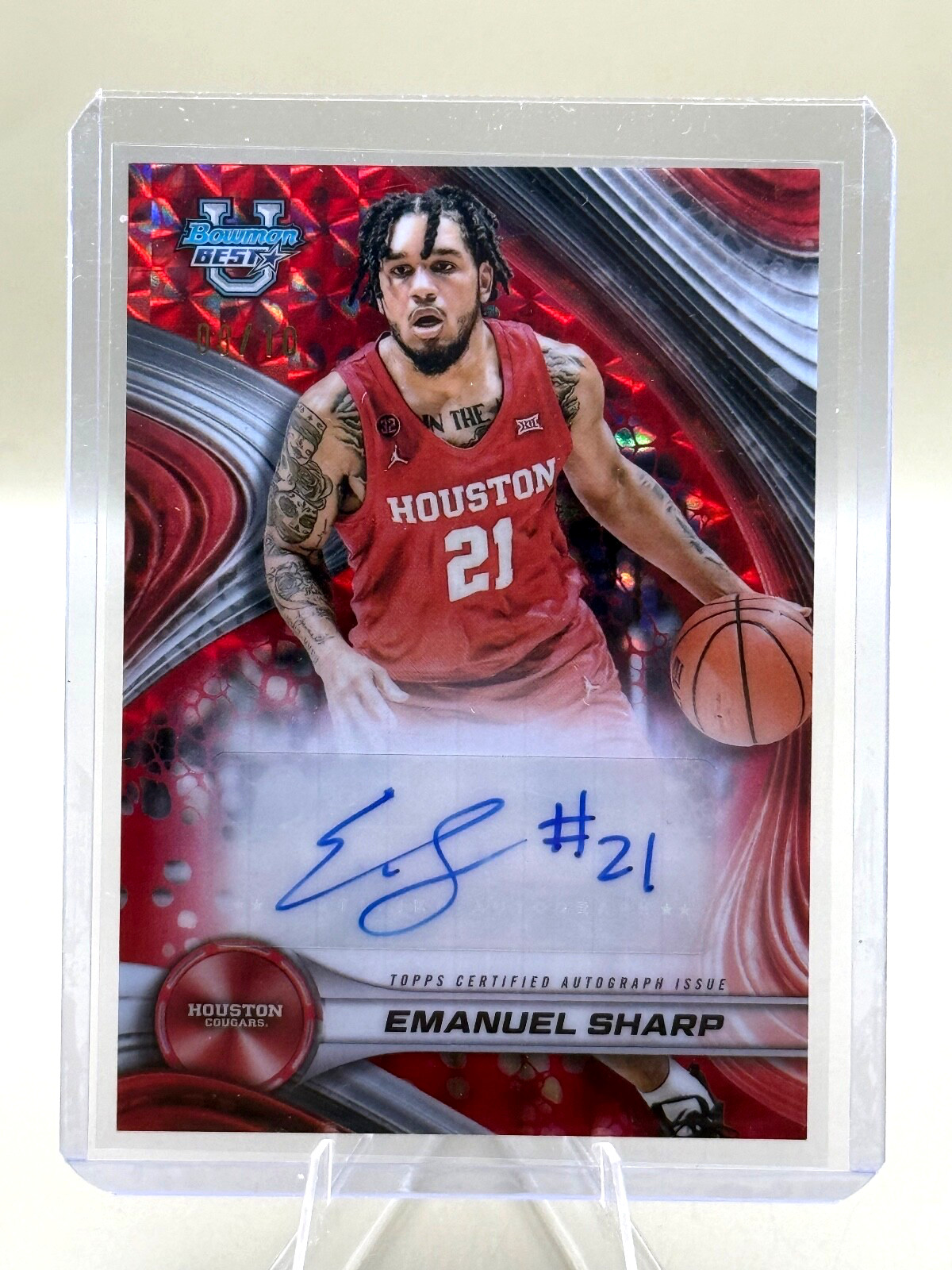 2024-25 Bowman's Best University Emanuel Sharp Red Geometric Refractor Auto 8/10