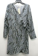 Impressions Women Surplice Neck Short Sleeve Tie Waist Snake Print Wrap Dress L