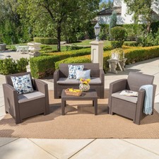 Dayton Outdoor 4 Piece Faux Wicker Rattan Chat Set with Water Resistant Cushions