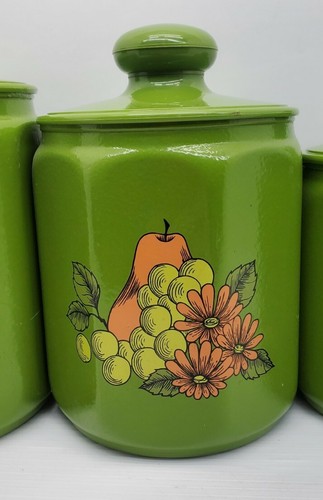 Mid Century Vintage Kromex Aluminum Plastic Harvest Green Fruit Canister Set 4 - Picture 10 of 12