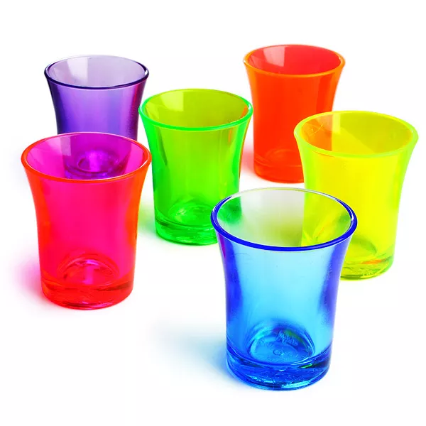 Box of 100 Reusable Plastic Neon Shot Glasses Unbreakable