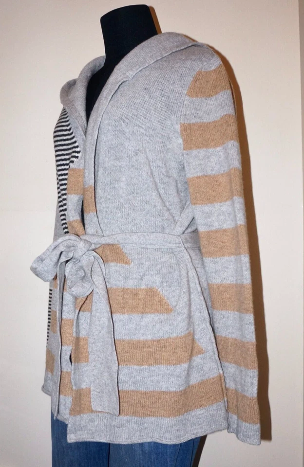 Cárdigan Suéter SPARROW Gris y Tostado 100% Lana de Cordero Tejido con Cinturón MEDIANO Foto 4 de 4