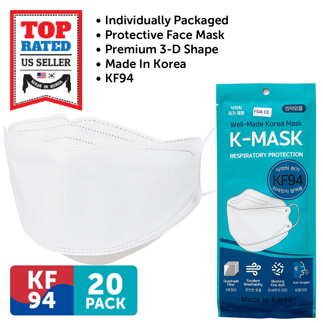 20 PCS KF94 WHITE Protective Safety Face Mask 4 Layer Adult Made in Korea
Opens in a new window or t