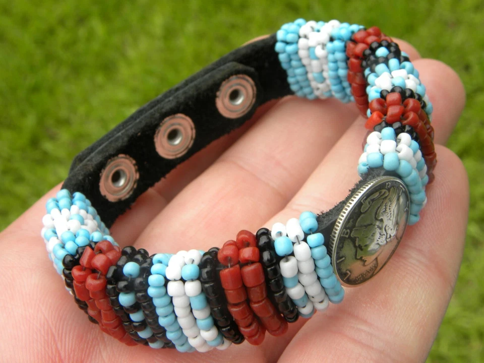 Cuff bracelet 1939 Mercury dime coin genuine Bison leather turquoise glass bead - Image 4 of 4