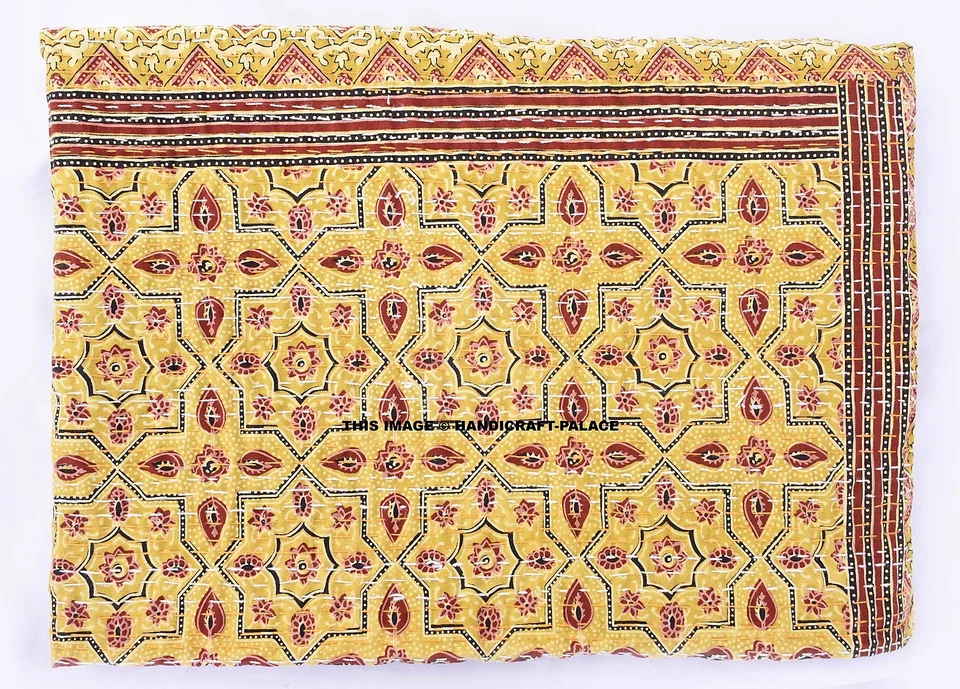 Manta Kantha amarilla con estampado de bloques a mano tamaño doble manta Ajrakh Sari Throw Gudri Foto 3 de 4