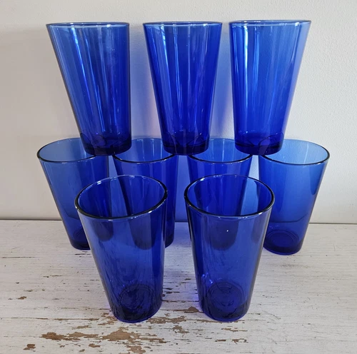 Lot Of 9 Vintage Libbey Cobalt Blue Glasses, 12 oz Each, 6" Tall