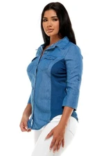 Women Junior shirt top Denim Cotton Blend button down stretch Ci Soon TP168