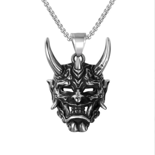 Gothic Silver Devil Skull Samurai Mask Pendant Necklace Stainless Steel Biker