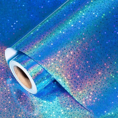 30 Inch x 32.8 Ft Blue Holographic Wrapping Paper Metallic Iridescent Stars
