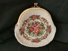 Vtg CIRCULAR COIN PURSE Petit Point Floral Tapestry Clutch White Seed Beads