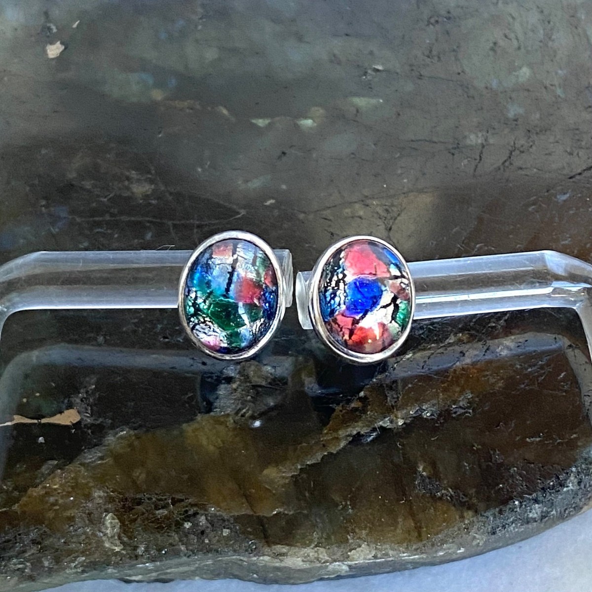 Sterling Silver 925 Dainty Oval Dichroic Glass Cabochon Stud Earrings View 6