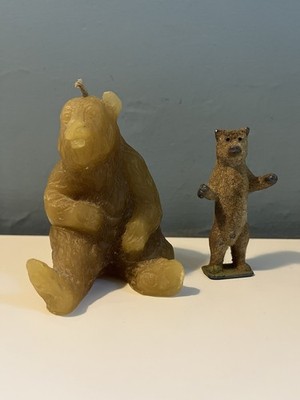Antique Bear German Toy With Fur Flocking Cast Lead And Wax Candle Bear . ￼