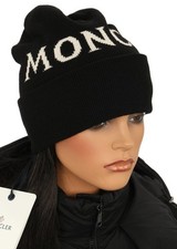 NEW MONCLER LUXURY BLACK WOOL LOGO BEANIE HAT ONE SIZE RFID CODE