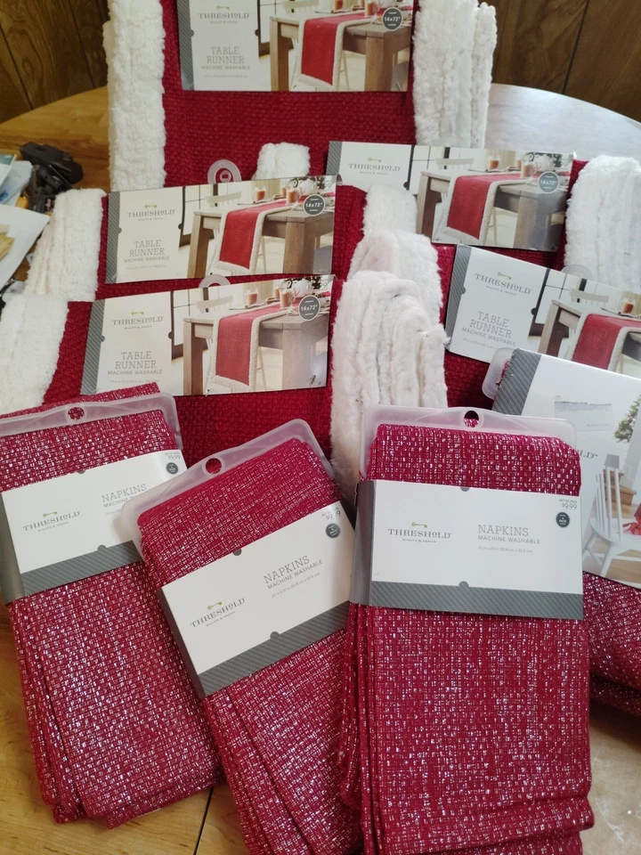 LOT Threshold 12 Napkins 5 Table Runner 1 Round Tablecloth Red Silver Christmas - Image 2 of 4