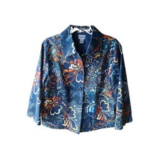 CHICO'S SIZE 2 BLUE FLOWER DESIGN JACKET Fully Lined Pockets Navy Floral PTP 22"