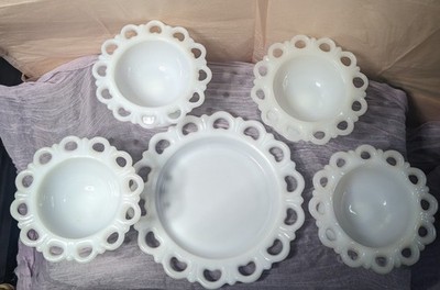 Milk Glass Vintage Lace Edge Pedestal Bowls And Plate