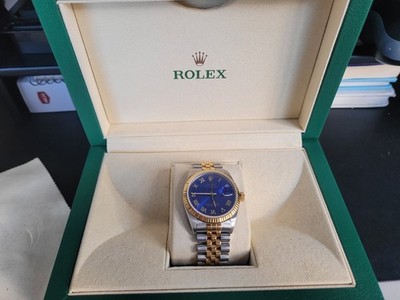 Rolex Datejust Blue Gold Roman Dial 36mm Watch 18K Gold / Steel Jubilee