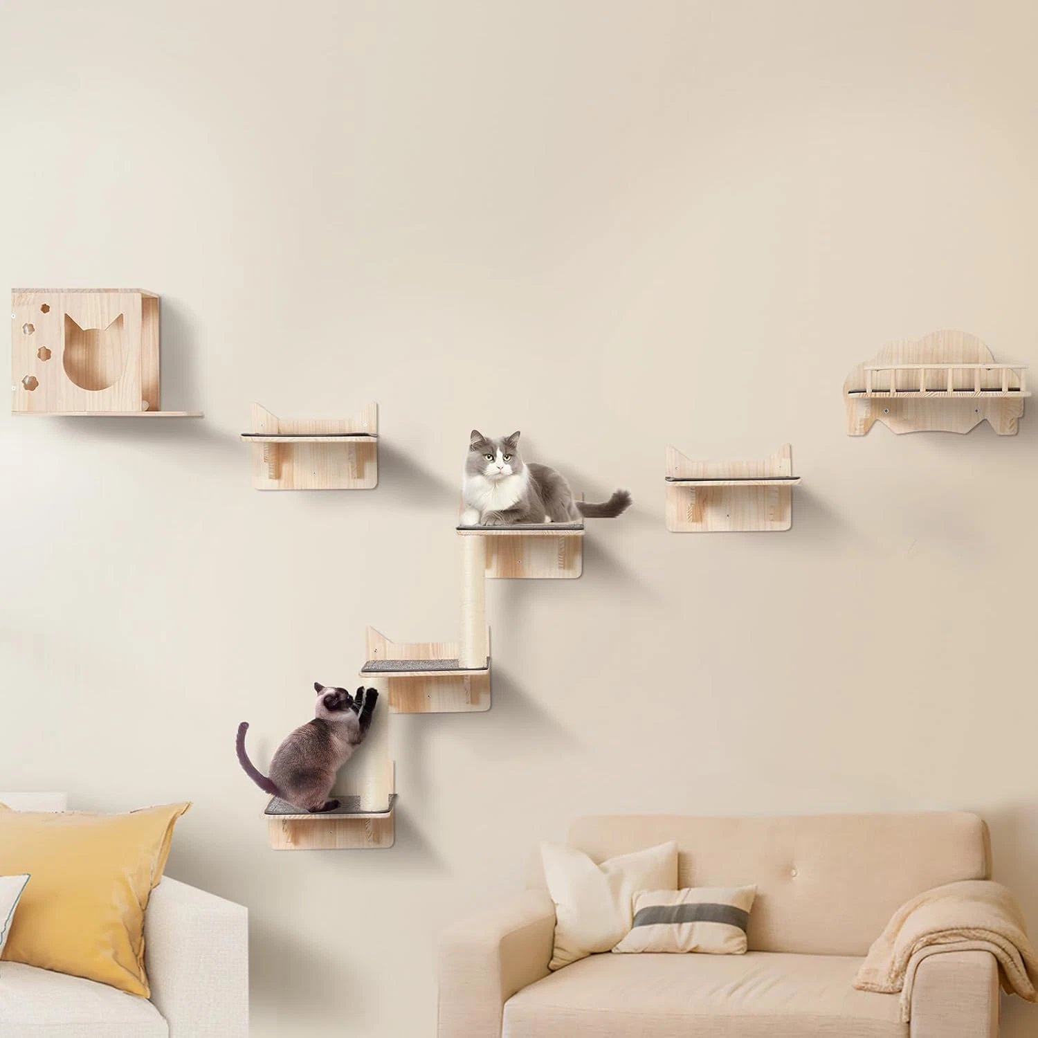 Cat Wall Shelves Set of 5 - Floating Furniture for Climbing, Playing & Sleeping