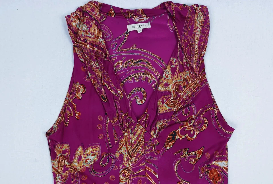 Vestido midi de seda sin mangas Etro púrpura naranja estampado cachemira IT 42 / US 6 hecho en Foto 4 de 4