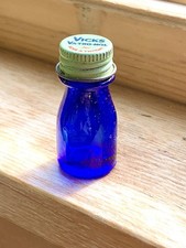 Vintage Cobalt Blue Tiny Glass Bottle Vicks Va-tro-nol Empty Dollhouse Miniature