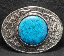 XB11161 VINTAGE 1970s BLUE STONE FLORAL ARTWORK FASHION UNISEX BELT BUCKLE