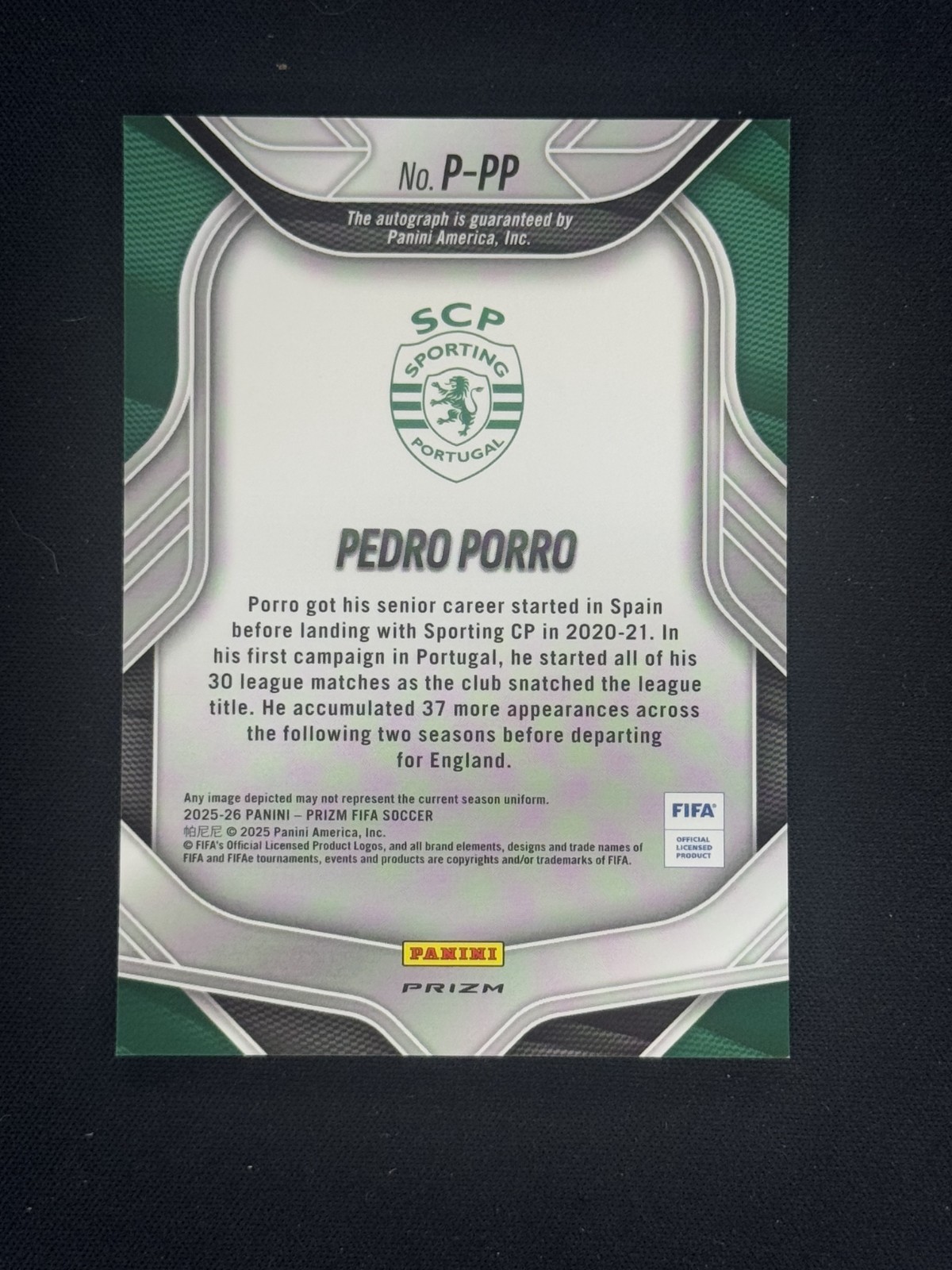 Pedro Porro 2025-26 Panini Prizm FIFA P-PP Penmanship Red Pulsar Auto SPAIN view 2