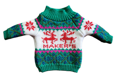 Makers Mark Holiday Bottle Sweater for 750ml Bottle Green White w/ Reindeer