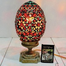 Vintage Dale Tiffany Stained Glass Lamp Colorful Floral Design Egg Shaped w/ Tag