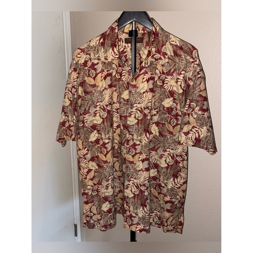 Tori Richard Men's XL Burgundy and Cream Tropical Leaf Button-Down Shirt