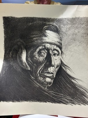 Vtg Presentation Proof Charcoal Drawing Of Native American 21.5  X 29 