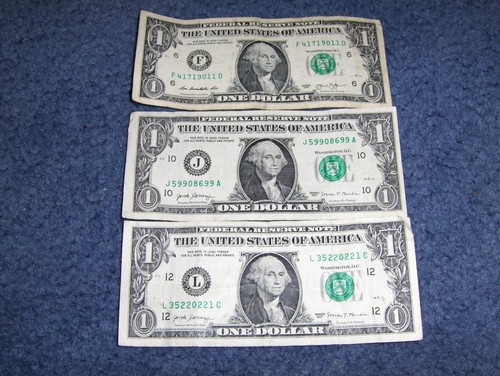 LOT OF THREE U.S. ONE DOLLAR NOTES WITH CRAZY 4-OF-A-KIND SERIAL NUMBERS! NICE!