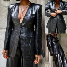 Leather Women's Suits Modern Evening 2Pieces Party Prom Jacket Slim Fit Coat