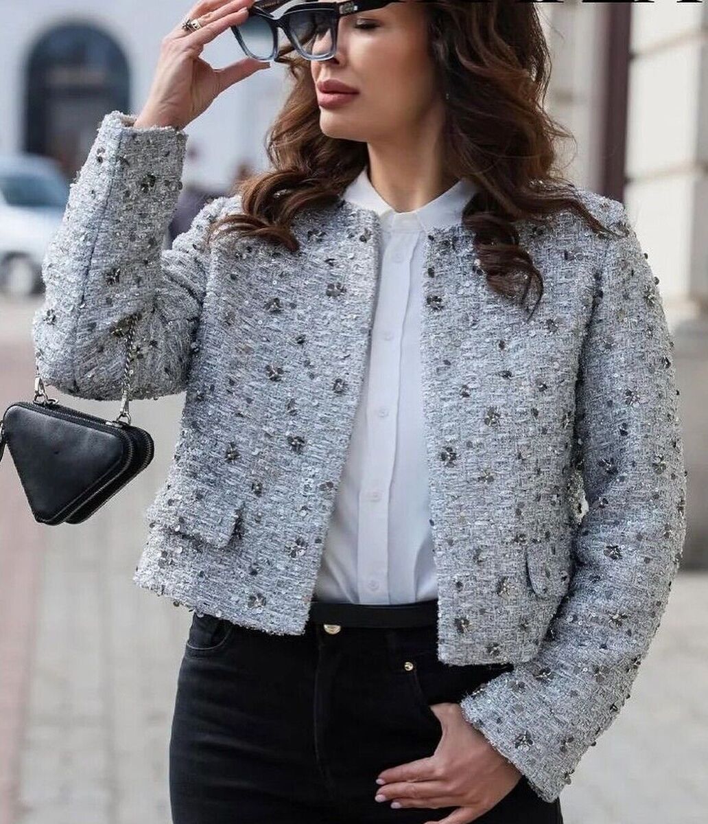 Zara ZW Collection Sequin Tweed Jacket Silver Metallic XS Zara ZW Collection Sequin Tweed Jacket Silver Metallic XS