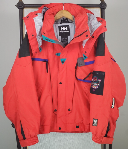 VTG HELLY HANSEN EQUIPE Size Large Mens Waterproof Insulated Ski Jacket Hood Red