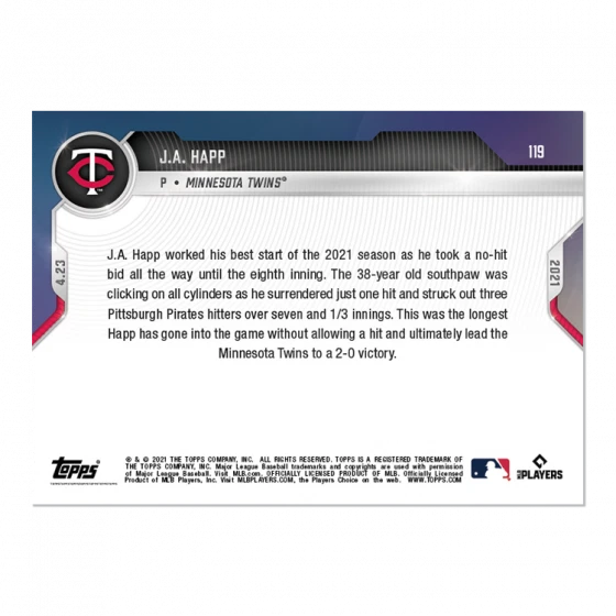Presale 2021 Topps NOW J.A. Happ #119 ~ Minnesota Twins ~ PR 289  - Image 2 of 2