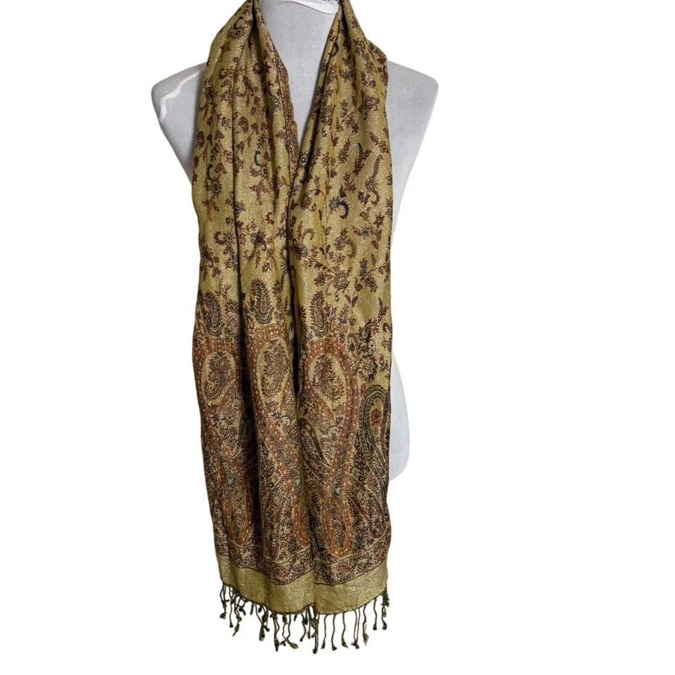 Cachecol xale borla paisley Cejon envoltório moda vintage floral preto dourado feito na Índia - Imagem 4 de 4