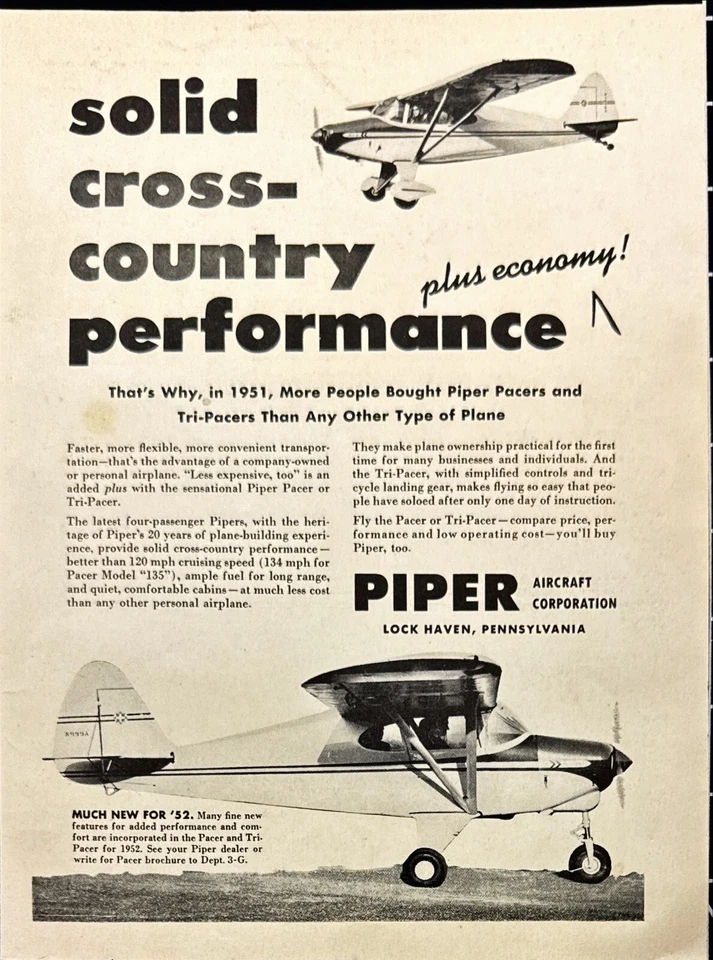 1952 Piper Pacer Tri-Pacer Кросс-Кантри Самолет Замок Гавань PA Винтажная Печатная Реклама - Изображение 2 из 4