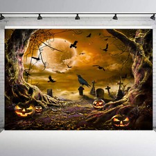 7x5ft Spooky Orange Full Moon Crow Halloween Vinyl Backdrop Photo Background