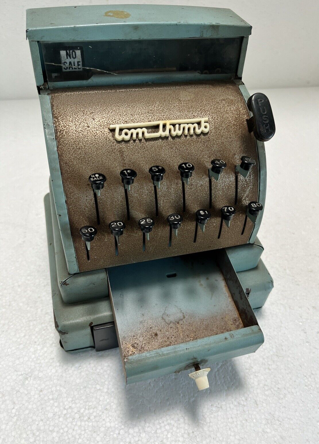 как выглядит Tom Thumb Vintage Metal Cash Register Toy Western Stamping Blue Green Working фото