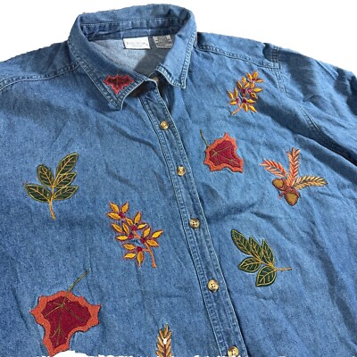 Bobbie Brooks Chambray Shirt Womens 22W / 24W Blue Button-Up Embroidered Fall 90