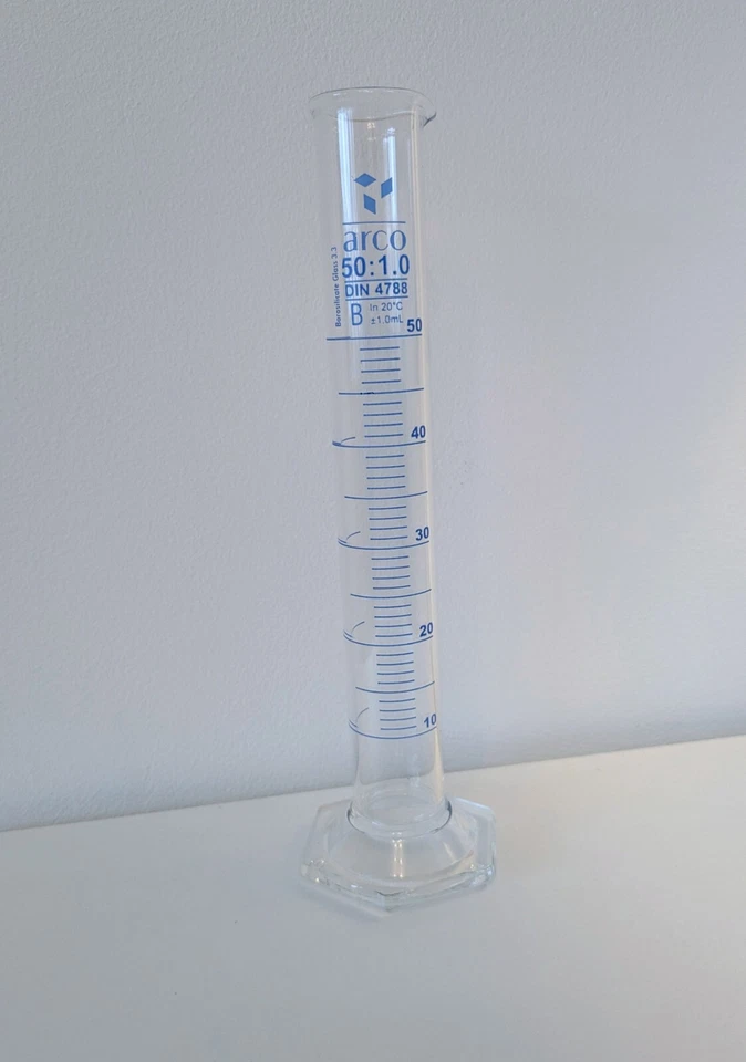 ARCO 50ml Measuring Cylinder. Glass A Class, Left Handed