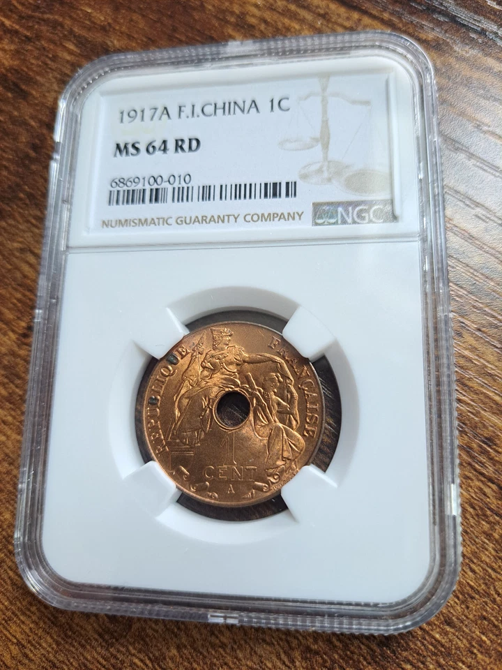 French Indo China 1 cent 1917 A NGC MS 64 Top 2. Red Coin - Image 3 of 4