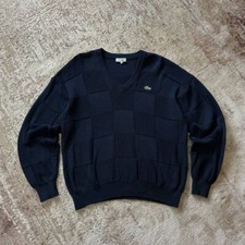 Vintage Lacoste Knit Sweater V-neck Blue Geometric Pattern Mens Size 6 / XL