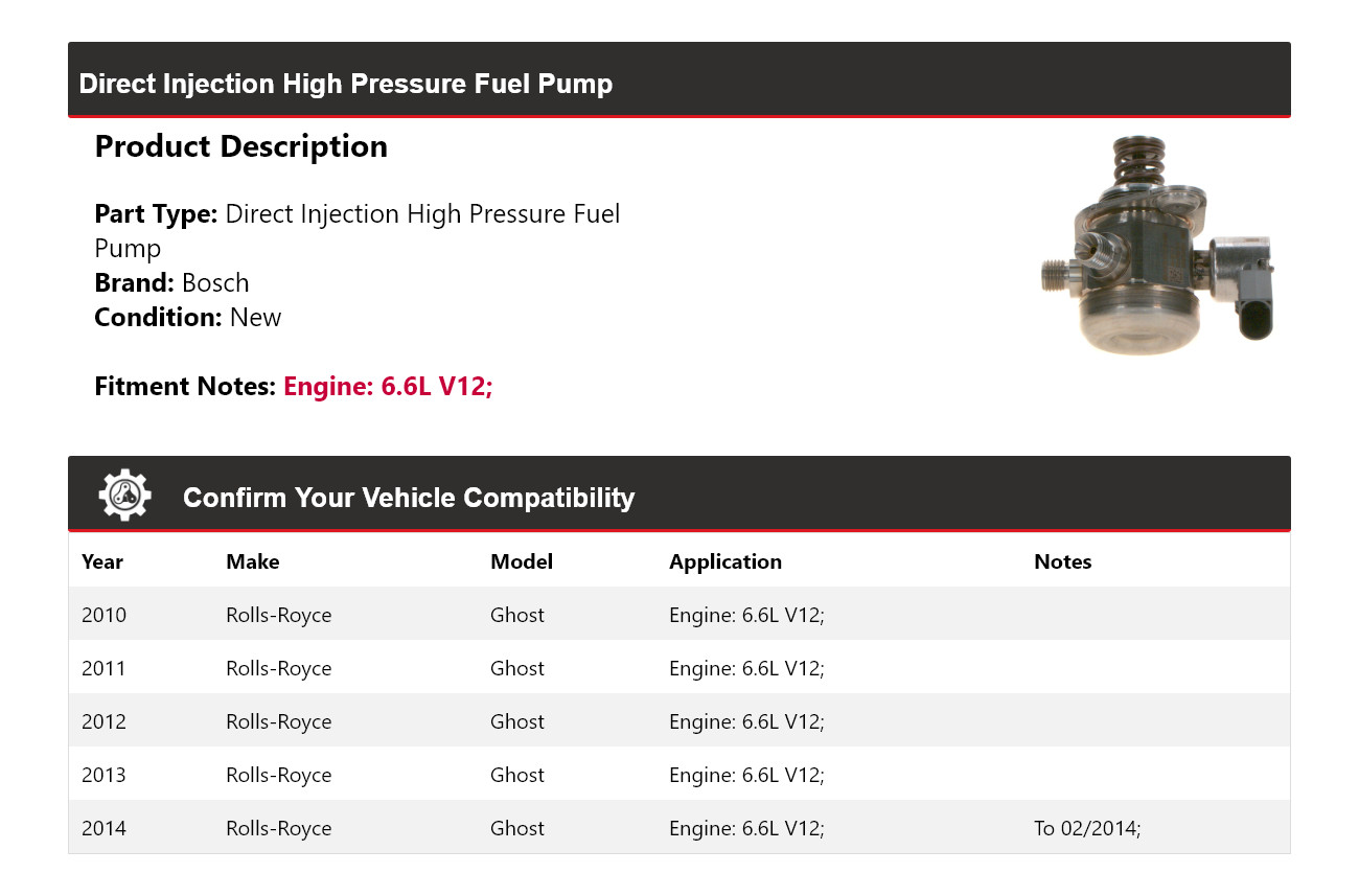For 2010-2014 Rolls-Royce Ghost 6.6L Bosch Direct Injection HP Fuel Pump 2011