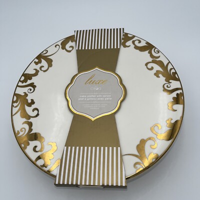CIROA LUXE FIORI SCROLL 11  PEDESTAL CAKE PLATTER STAND NO SERVER GOLD/WHITE NEW