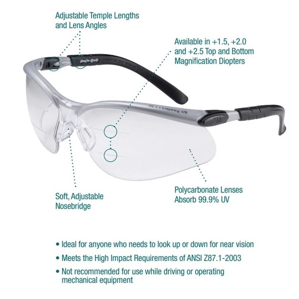 Gafas de seguridad protectoras 3M 11458 +2,0 transparentes antiniebla lectores bifocales ANSI Z87+ Foto 3 de 4