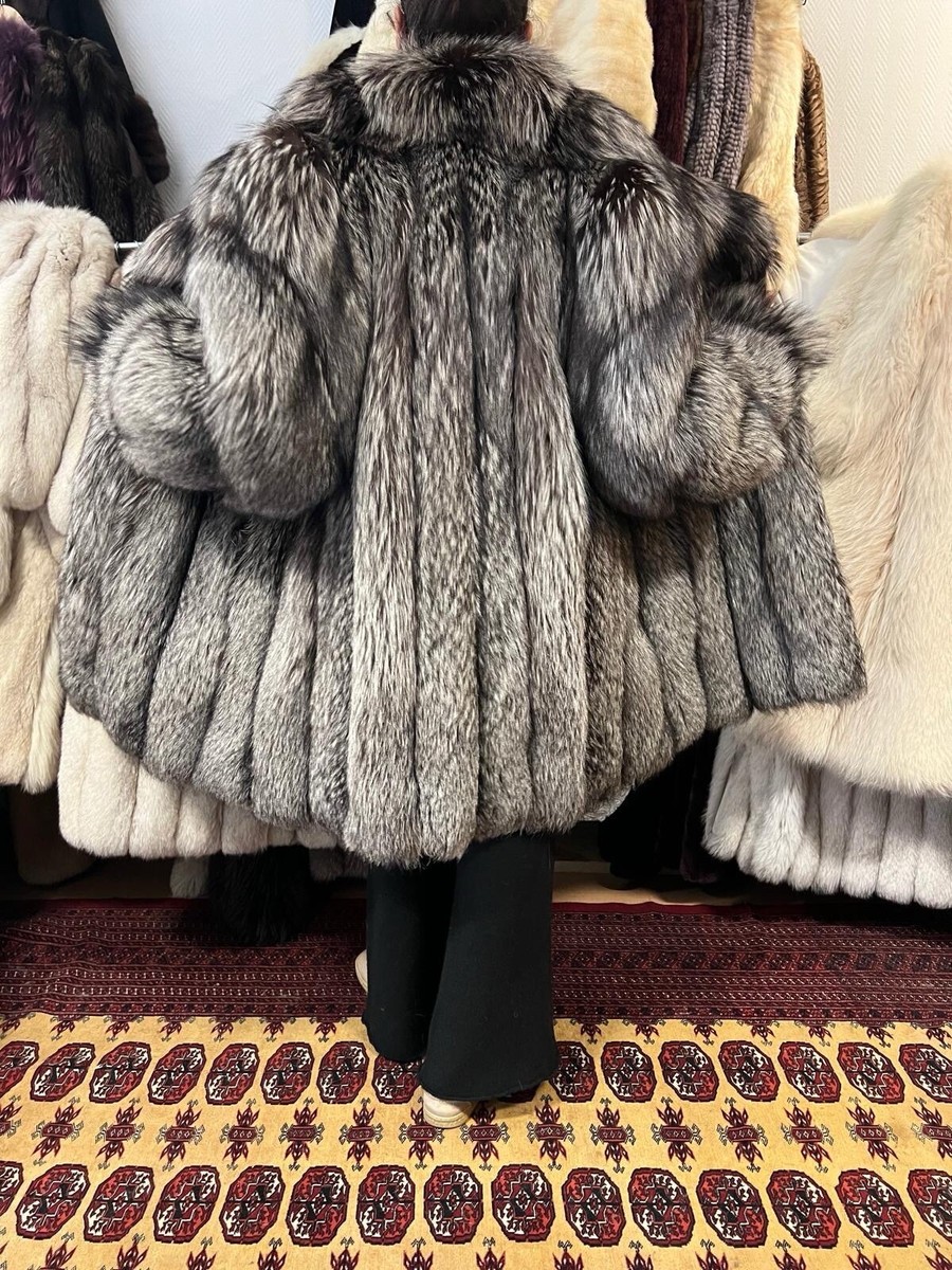 Silver Fox Fur Coat Real Fox Fur M-XL UK