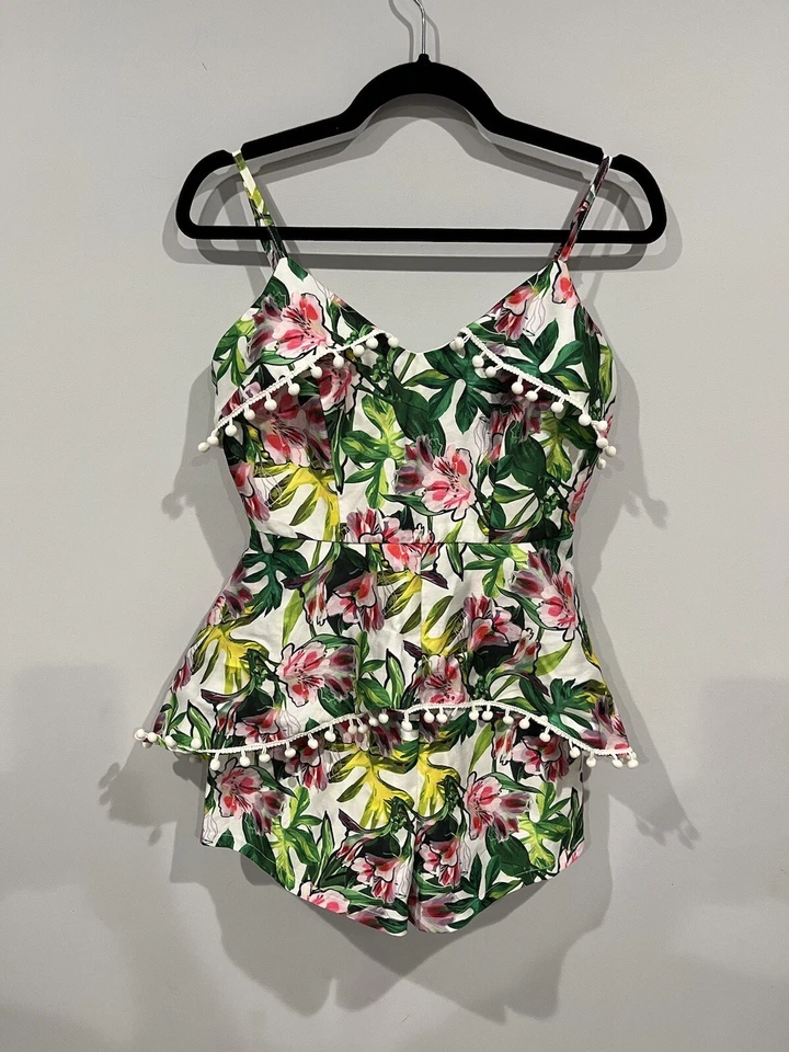 Ark & Co Romper Small Women’s Floral Tropical Green Shorts Tassel Beach Outfit - Image 2 of 4